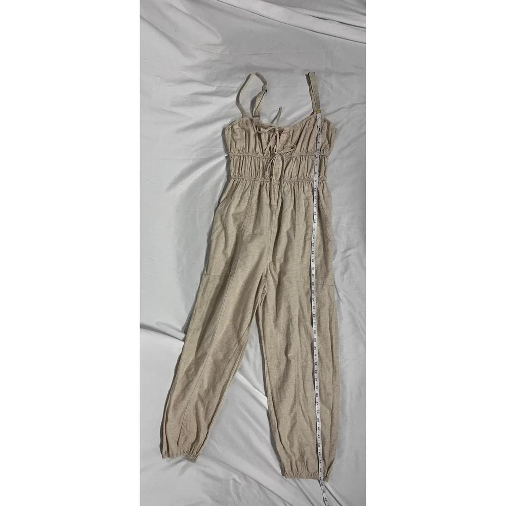 So Me Linen Blend Jumpsuit M Oatmeal Boho Cottagecore Adjustable Straps Pockets